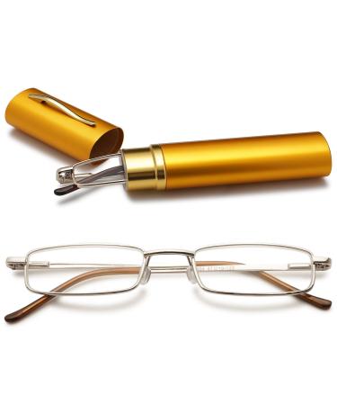 Vevesmundo metal reading glasses mini compact light spring hinge narrow classic reading aid glasses with metal etui 1 piece yellow blue light filter reading glasses 1.0 x