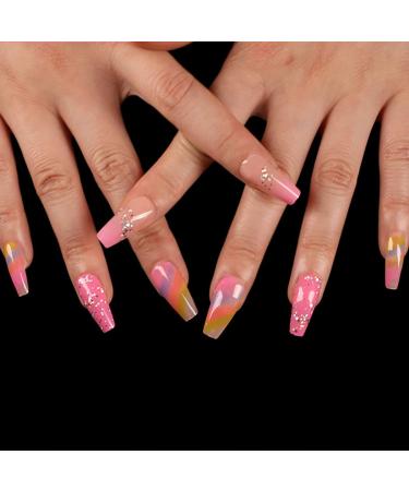 Sethexy Long Sparkle Ballerina False Nails - Colorful Coffin Acrylic Fingernails with Bling | 24pcs for Women & Girls - Buy Online on GoSupps.com