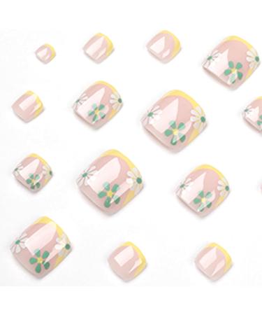 24Pcs Square False Toenails Glossy French Yellow Border Press on Toenails Shiny Stick on Toenails Short Acrylic Full Cover Summer Fake Toenails for Women and Girls Daily Decorations White Green flowers - Buy Online on GoSupps.com
