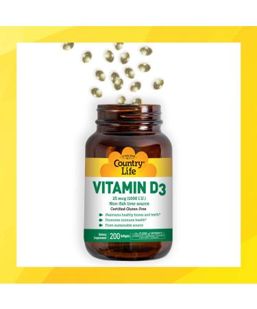 Country Life Vitamin D3 25 mcg (1000 IU) - 200 Softgels for Immune Support - Buy Online on GoSupps.com