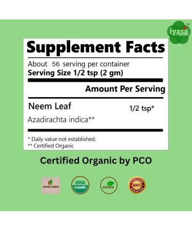 Iyasa Holistics USDA Organic Neem Leaf Super Greens Powder 4 oz - Blood & Liver Purification, Healthy Hair & Skin - Resealable Bag - 113g - Buy Online on GoSupps.com