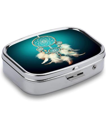 White Dream Catcher Pill Box - 2 Compartment Decorative Metal Pill Organizer for Travel | Portable Feather Print Medicine Case - Buy Online on GoSupps.com