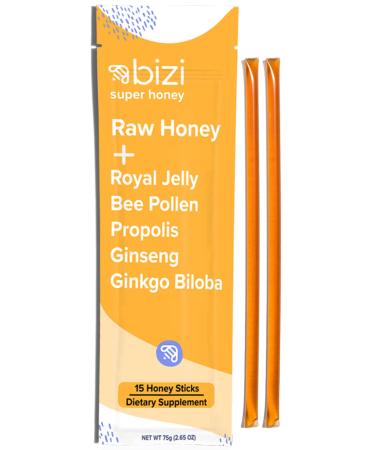 Bizi Royal Jelly Honey with Bee Propolis, Bee Pollen, Ginseng, and Ginkgo Biloba (15 single sticks) - alternative to beekeepers
