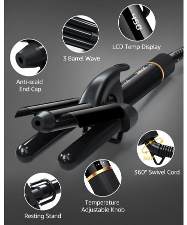 Hair Waver  3 Barrel Curling Iron for Beachy Waves  Hair Crimper with LCD Temp Display  Ceramic Tourmaline Triple Barrels Curling Wand  Beach Waver Curling Iron with Dual Voltage  Black - Buy Online on GoSupps.com