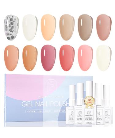 Perfect Summer Jelly Gel Nail Polish Set - Pink Nude 12 Colors Transparent Gel Polish Kit, Soak Off Sheer Jelly Nail Polish for Manicure Salon at Home 12ml Nude Pink