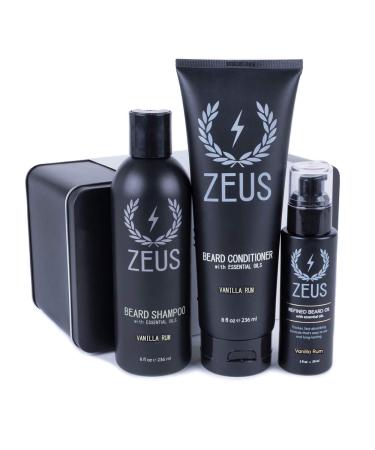 ZEUS Beard Starter Kit for Thick Beards Natural Beard Shampoo Beard Conditioner & Premium Refined Beard Oil (Vanilla Rum) MADE IN USA