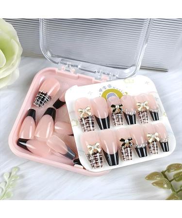 French Tip Press on Nails - Long T Press On Nails with Nail Tips Bowknot Diamond Chain Design Black and white line checkered false nails press on nails Acrylic False Nails Cute Artificial Nails - Buy Online on GoSupps.com