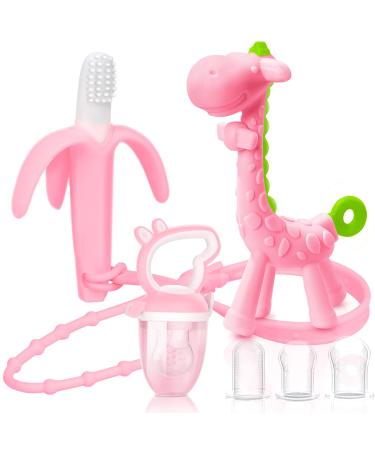 SHARE&CARE Giraffe Baby Teething Toys and Natural Organic Food Feeder Pacifier/Banana Baby Teether Chew Toys Fresh Fruit Feeding/ 2 Teethers and 1 Feeder with 3 Silicone Sacs (Pink)