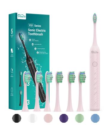 Electric Toothbrush for Adults with 6 Brush Heads - Sonic Electric Toothbrush with Toothbrush Holder and Travel Case One Charger for 180 Days Type C Cable Pink 1 count (Pack of 1)