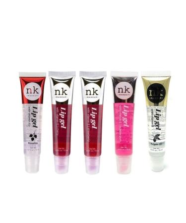 5 PACK NK Lip Gel with Vitamin E Bubble Gum Argan Strawberry Cherry and Rosehip Lip Gloss by Nicka K New York