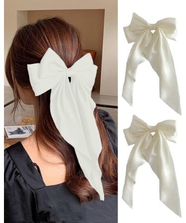 ZEVONDA Pack of 2 Big Bow Hair Clips - Solid Color Large Bowknot Hairpin Hair Clip with Long Silky Satin Tail Hair Barrettes Accessories for Girls Women Milky White Milky White (2PCS) - Buy Online on GoSupps.com