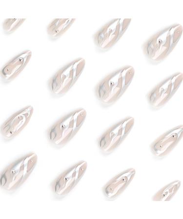 MISUD Press on Nails - Medium Almond Glossy Chrome Swirl Acrylic Stiletto - 24 pcs 3D Pearl Flash False Nails for Stunning Nail Art - Buy Online on GoSupps.com