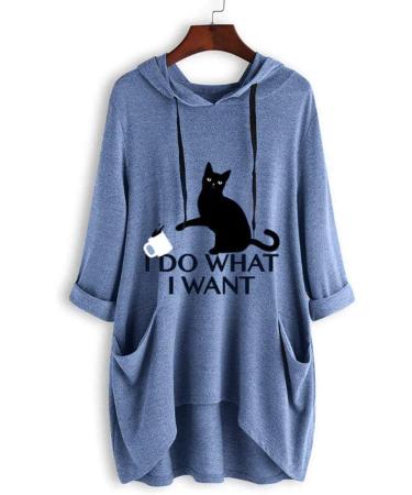 Xia&Han Women Dip Hem Tee Cat Ear Hooded Print Blouse Short Sleeves Shirt Pocket Tops Irregular Tunic X-Large Blue - Buy Online on GoSupps.com