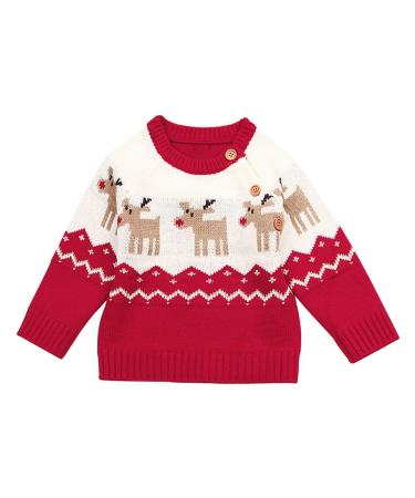 BOBORA Baby Girls Boys Xmas Jumpers Toddler Kids Long Sleeved Knitted Sweater Top Shirts 0-6 Months Red