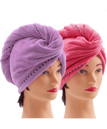2 Pack Microfiber Hair Towel Wrap Quick Dry Hair Hat Anti-frizz Fasten Head Turban with Button for Long Thick & Curly Hair Super Absorbent Soft - (Purple & Red) 2 Pack Purple & Red