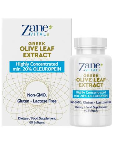 Zane Greek Olive Leaf Extract - min. 20% Oleuropein - Provides Immune and Healthy Blood Pressure Support Promotes Cardiovascular System Health - 60 Capsules Non-GMO Gluten - Lactose Paraben Free