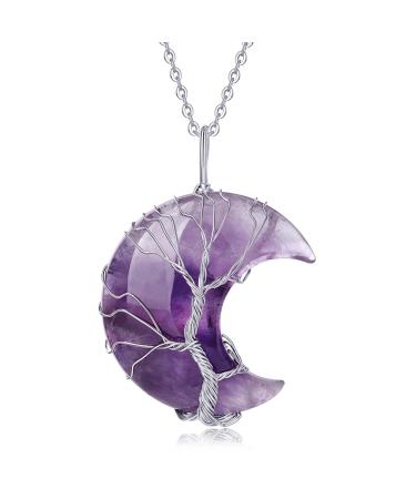 XIANNVXI Crystal Necklaces for Women Crescent Moon Necklace Healing Crystals Pendant Tree of Life Wire Wrapped Reiki Spiritual Necklace Jewellery for Women B - Amethyst