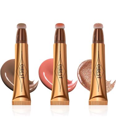 3Pcs Liquid Blusher for Cheeks Highlighter Makeup Stick Liquid Blush 3-in-1 Cheek Liquid Blush Highlighter Beauty Wall Shimmer Liquid Face Highlighter with Soft Cushion Applicator