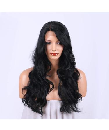 SHIYID Black Long Wavy Wigs for Women Part Synthetic Lace Wigs Glueless Capless Fake Hair
