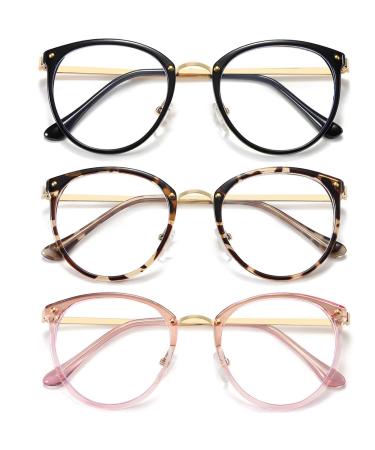 (3 Pack Blue Light Blocking Glasses Women and Man Computer Eyeglasses Metal Frame Glasses (Black leopard pink)