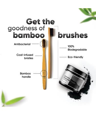 Activated Charcoal Teeth Whitening Powder 200g + 2 Bamboo Toothbrushes - Natural Sensitivity-Free Whitener & Stain Remover - Peppermint Fresh Breath - Buy Online on GoSupps.com