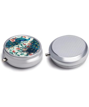 Round Peacock Flowers Print Pill Box - 3 Compartment Decorative Metal Organizer for Travel & Daily Use - Buy Online on GoSupps.com