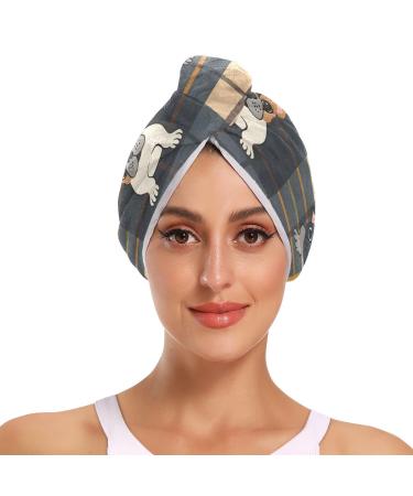 Bulldog Plaid Pattern Hair Towel 2 Pack Super Absorbent Hair Drying Towel Quick Dry Hair Turbans Head Towel with Button Twisty Wrap for Women Girls