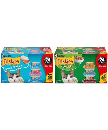 Friskies Saucy Seafood Wet Cat Food Variety Pack 3 Flavours - 156 g Can (24 Pack) & Indoor Wet Cat Food Variety Pack 3 Flavours - 156 g Can (24 Pack) Pet Food+ Cat Food
