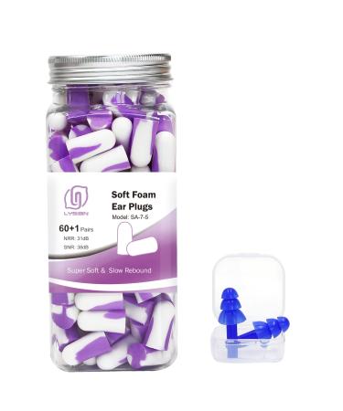Ultra Soft Foam Earplugs 60 Pairs, 38dB SNR Ear Plugs for Sleeping, Mowing, Shooting, and All Loud Noise by Lysian, Purple/White