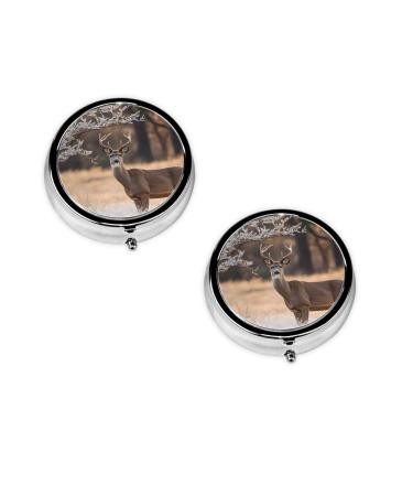 (Free Whitetail Deer) Round Pill Box 3 Compartment Pill Box Mini Decorative Pocket Purse Portable Travel Medicine Tablet Vitamin Holder Organizer Pill Case