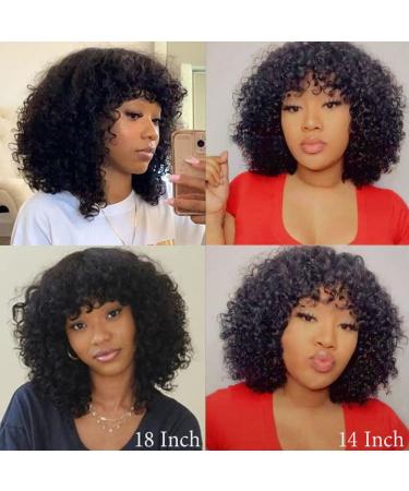 Short Curly Human Hair Wig with Bangs for Black Women - Brazilian Remy, 200 Density, 14 Inch Natural Color - Buy Online on GoSupps.com