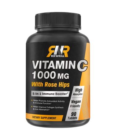 Rep N Roll Vitamin C 1000 mg with Citrus Bioflavonoids Rose Hips Echinacea Extract Turmeric Extract High Absorption Non GMO No Gluten High Potency Daily Immune Support 90 Vegan Tablets