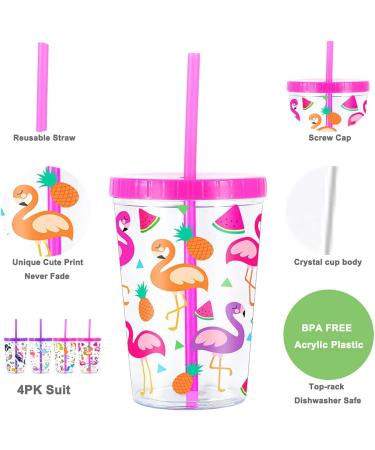 Home Tune 16oz Kids Tumbler Water Drinking Cup 4 Pack - BPA Free, Reusable, Spill-Proof with Cute Designs for Girls & Boys - Flamingo, Kitty, Mermaid, Unicorn - Buy Online on GoSupps.com