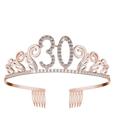 Beaupretty Frcolor 30th Birthday Crown Crystal Headband Tiara with Comb for Party(Rose Gold)