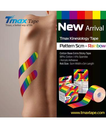 Tmax Waterproof Kinesiology Tape - Athletic Sports Tape for Injury Relief Muscle Support & Joint Pain - 5m x 5cm Rainbow - Buy Online on GoSupps.com