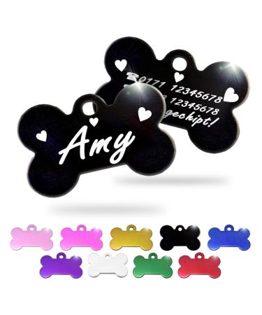 Ibera Gifts - Personalized pendants for small to medium -sized dogs and cats in bone shape - engraving dog brand collar dog neck band Name personalized dog (black heart) heart black