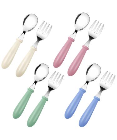 Bomtop Baby Fork and Spoon Children's Cutlery Stainless Steel 8pcs Set Kids Cutlery Toddler Utensils - 4 x Forks 4 x Dinner Spoons Feeding Utensils Weaning Spoons for Kids (Green Blue Pink White)