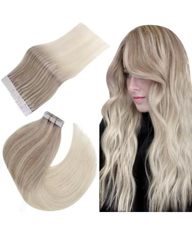 Easyouth Tape in Hair Extensions Blonde Balayage Hair Tape in Extensions Ombre Blonde Hair Extensions Tape in Real Hair Short Straight 20Pcs 30g 12 Inch 12 Inch #18/22/60(#Nordic)