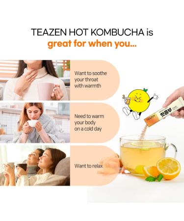 TEAZEN Lemon Ginger Hot Kombucha Tea  Live Probiotics & Postbiotics  Relaxation and Warmth for Colds and Sore Throat  Zero Sugar  Low Caffeine  Fermented Kombucha Powder from Korea  10 Sticks  1.76oz - Buy Online on GoSupps.com