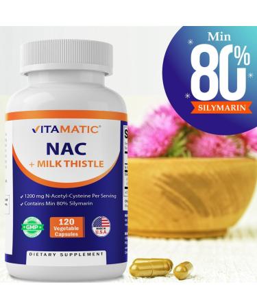 Vitamatic NAC Supplement N-Acetyl-L-Cysteine (NAC) with Milk Thistle 50:1 Extract - Supports Immune Respiratory Liver Health 1200 mg per Serving 120 Veg Capsules - 2 Pack - Buy Online on GoSupps.com