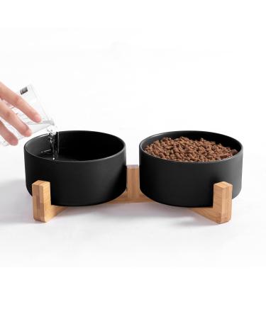 Ihoming Ceramic Dog Cat Food and Water Bowls Set with Wooden or Iron Stand, Modern Cute Bowl Set for Small Size Dogs and Cats (13.5OZ ) & Medium Sized Dogs (28OZ) Puppy & Cat Bowls Black+Black & Wood Stand