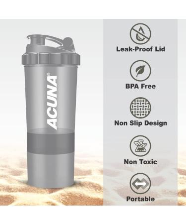 ACUNA Protein Shaker Bottle 600ml with 3 Layered Cups - Steel Mixing Ball - Easy to Clean Gym Shaker Bottle (Grey) - Buy Online on GoSupps.com