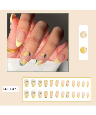 Summer Medium Lemon Press-On Almond Yellow False Nails - Full Cover Sticker with French Tips for Women and Girls - Buy Online on GoSupps.com