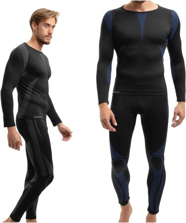 Celodoro Men's Thermal Underwear Set | Seamless Quick-Drying Functional Base Layer - SM Black/Blue - Buy Online on GoSupps.com