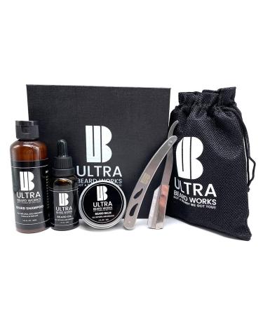 Ultra Beard Works - Travel Beard Conditioner Kit/Includes Beard Oil Beard Balm Beard Shampoo Straight Razor - Razors Included & Travel Bag