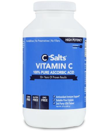 C-Salts Ascorbic Acid Powder 1000mg - Pure Vitamin C Supplement for Immune Support and Antioxidant Defense - 100% Pure with No Additives cGMP Certified Non-GMO 24oz 24 Ounce (Pack of 1)