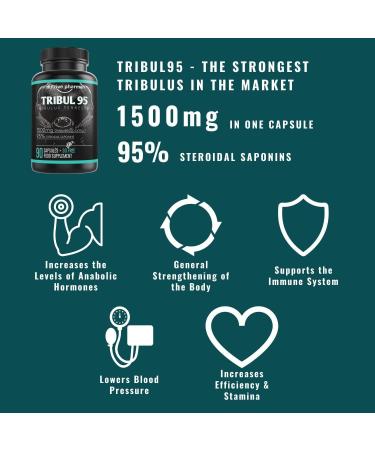 Tribul95 Tribulus Terrestris High-Dose Capsules - 6000mg per Daily Dose - 95% Saponins - Natural Plant Extract - Promotes New Energy - Testo - 1500mg in One Capsule - Buy Online on GoSupps.com