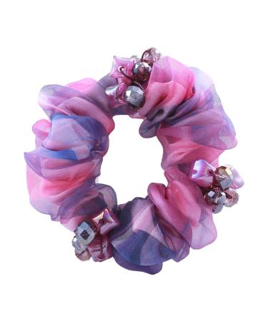 Elegant Bling Boho Lace Fabric Crystal Beads Hair Ties Hair Ropes Hair Scrunchies Elastics Ponytail Holders Hair Jewelry Hair Wrist Ties Bands Scrunchies Hair Accessory for Show Gym Dance Party for Girl Women (Purple)