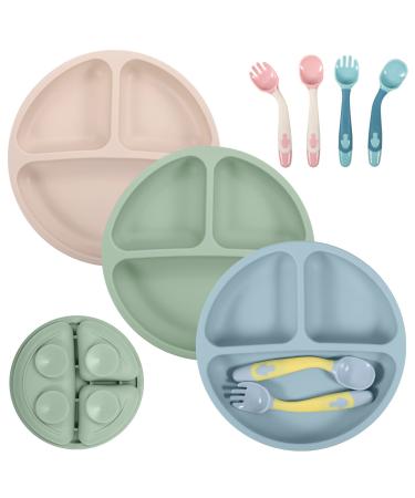 Lanjue 3 Pcs Baby Suction Plates Silicone Baby Weaning Plates Non Slip Divided Baby Dishes with Spoons Forks for Toddler Kids Self Feeding for Most Highchairs Trays (Green Blue Beige)