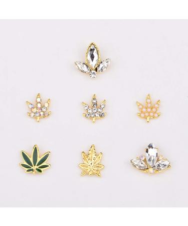30pcs Gold 3D Nail Art Decorations Fall 7 Deisgns Hemp Leaf Rhinestones Pearl Beads Maple Leaves Jewels Diamond Charms Assorted for Nails